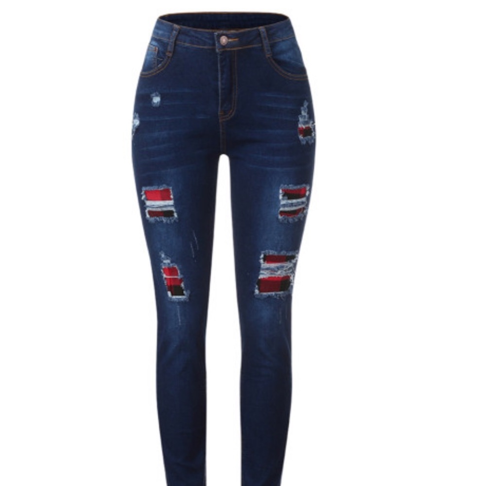 Patchwork Plaid Ripped Jeans - Picture 4 of 7